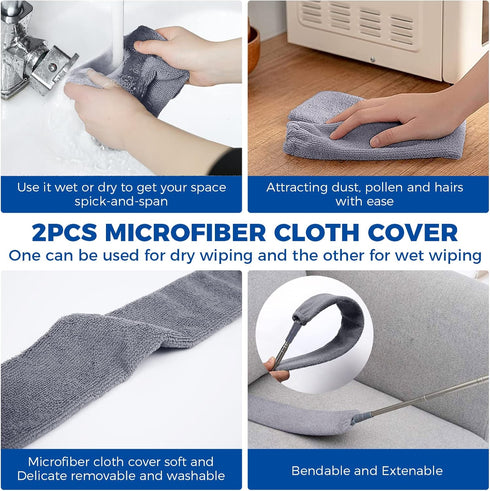 Retractable Gap Dust Cleaner Cleaning Tools with 2 Microfiber Dusting Cloths Long Handle 60inches Washable and Retractable Duster Brush for Cleani...